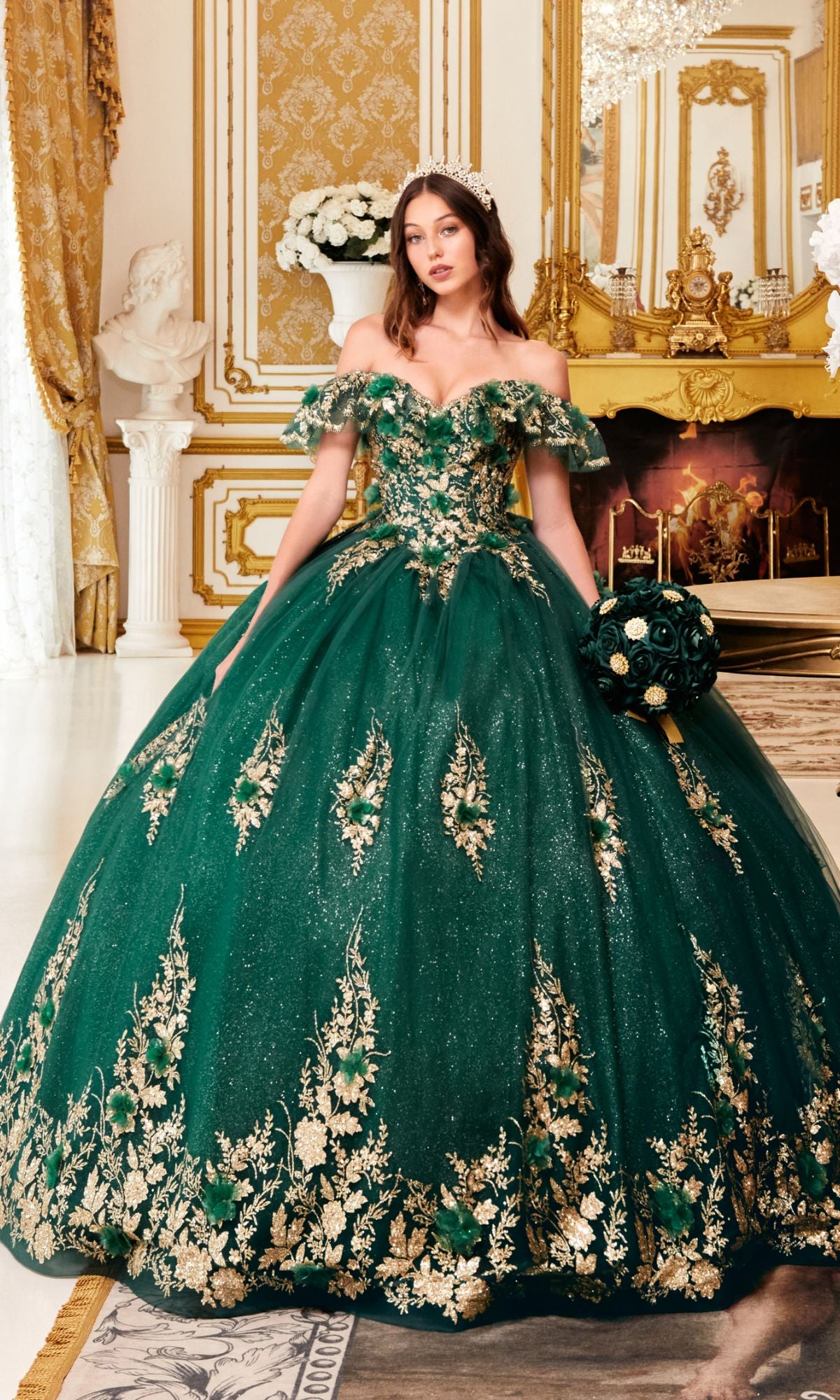 A woman in a Ladivine 15701 Glitter Quince Dress with a back bow stands in an ornate, gold-accented room, holding a matching bouquet—a stunning choice for an elegant quinceañera celebration.